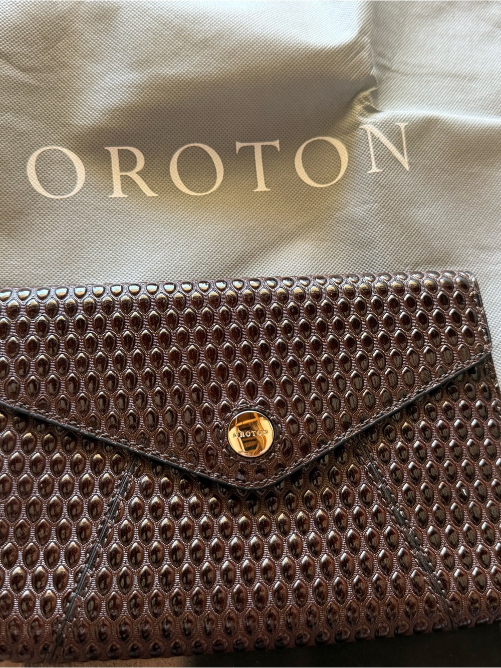 Oroton Chocolate Brown Textured Leather Envelope Clutch with Gold-Tone Snap